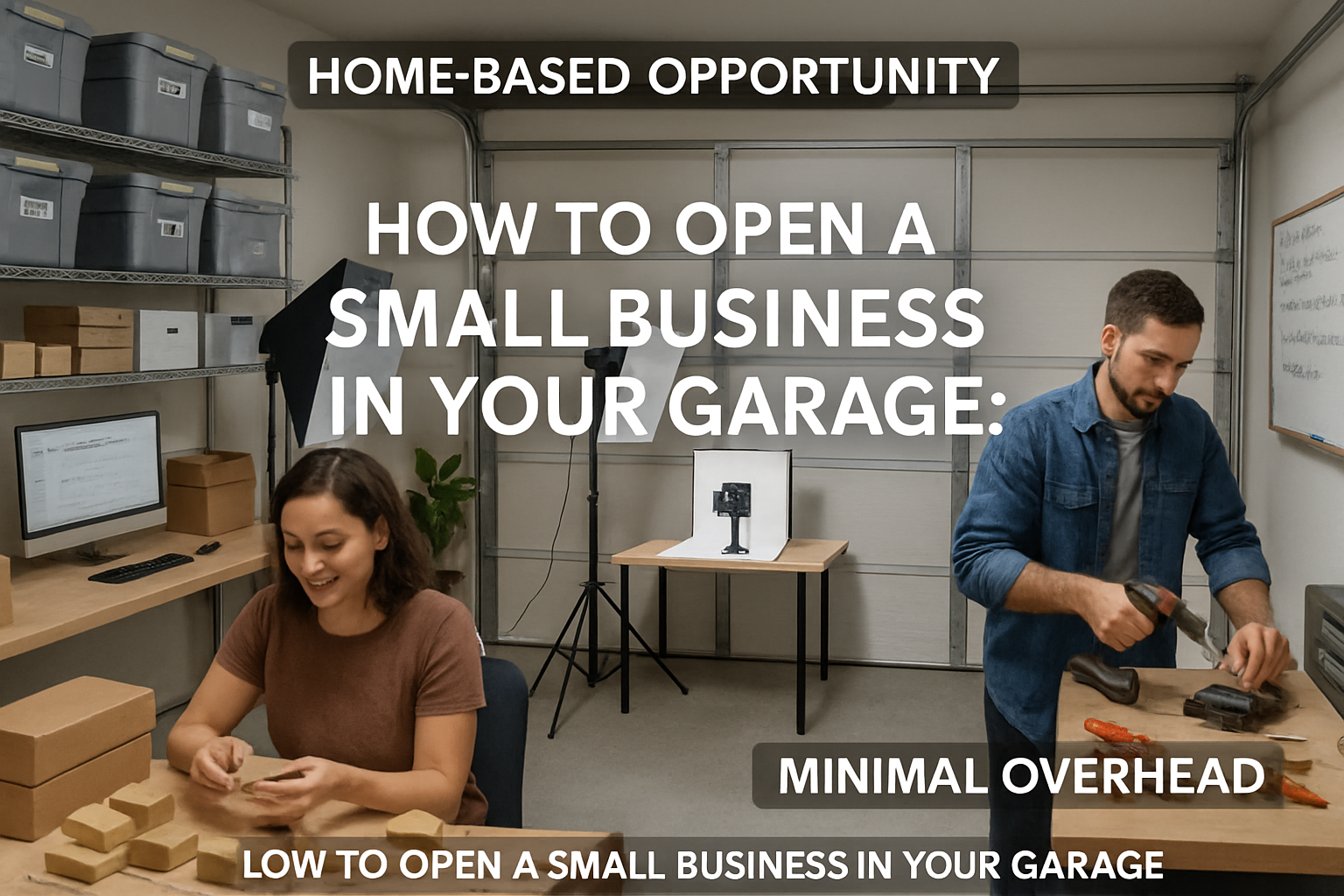 A clean, well-lit garage transformed into a professional workspace, with distinct zones for different low-risk business ideas. One corner sh