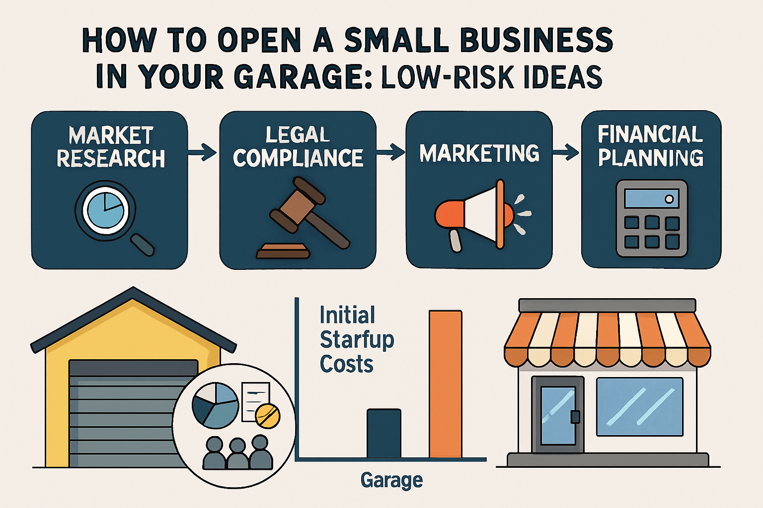 An infographic-style illustration depicting a flowchart for opening a garage-based business, focusing on key steps like 'Market Research', '