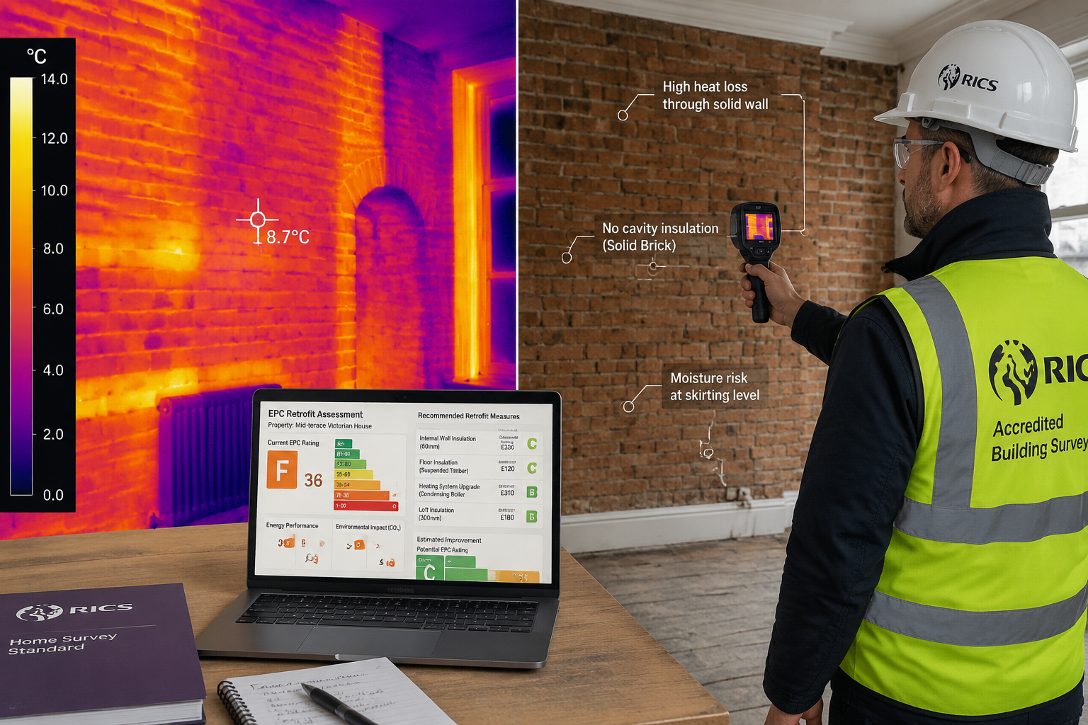 Detailed () showing a RICS-accredited building surveyor conducting an EPC retrofit assessment inside a period property,