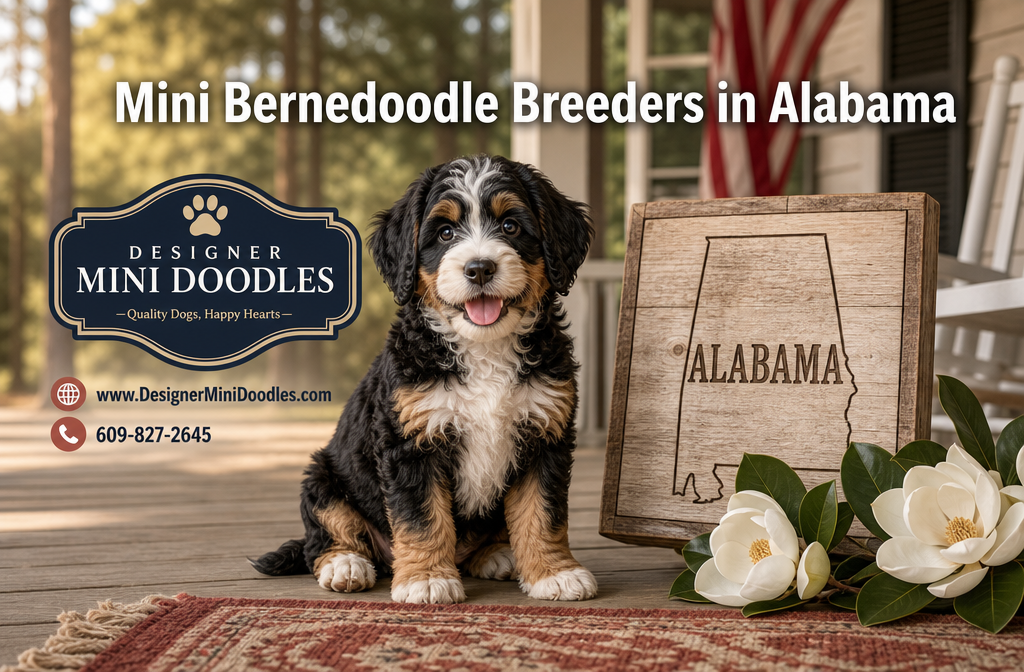 Professional () hero image with : 'Mini Bernedoodle Breeders in Alabama', centered in upper third. Background features a