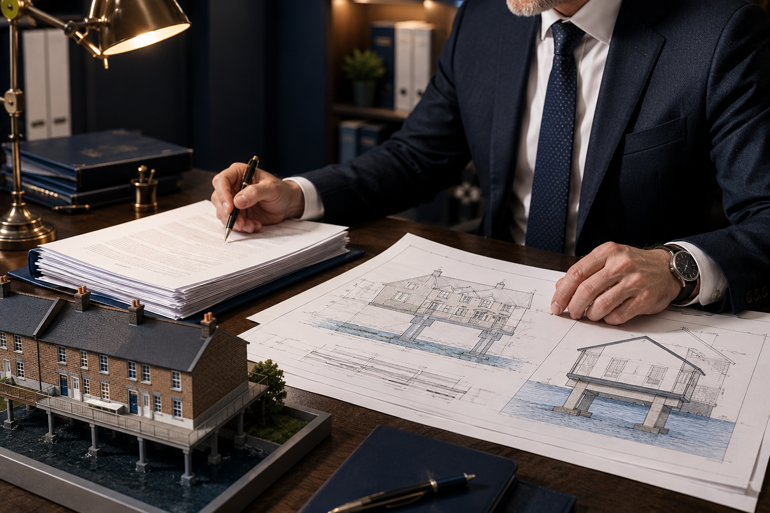 Detailed () image showing a professional party wall surveyor at a desk reviewing technical award documents and flood