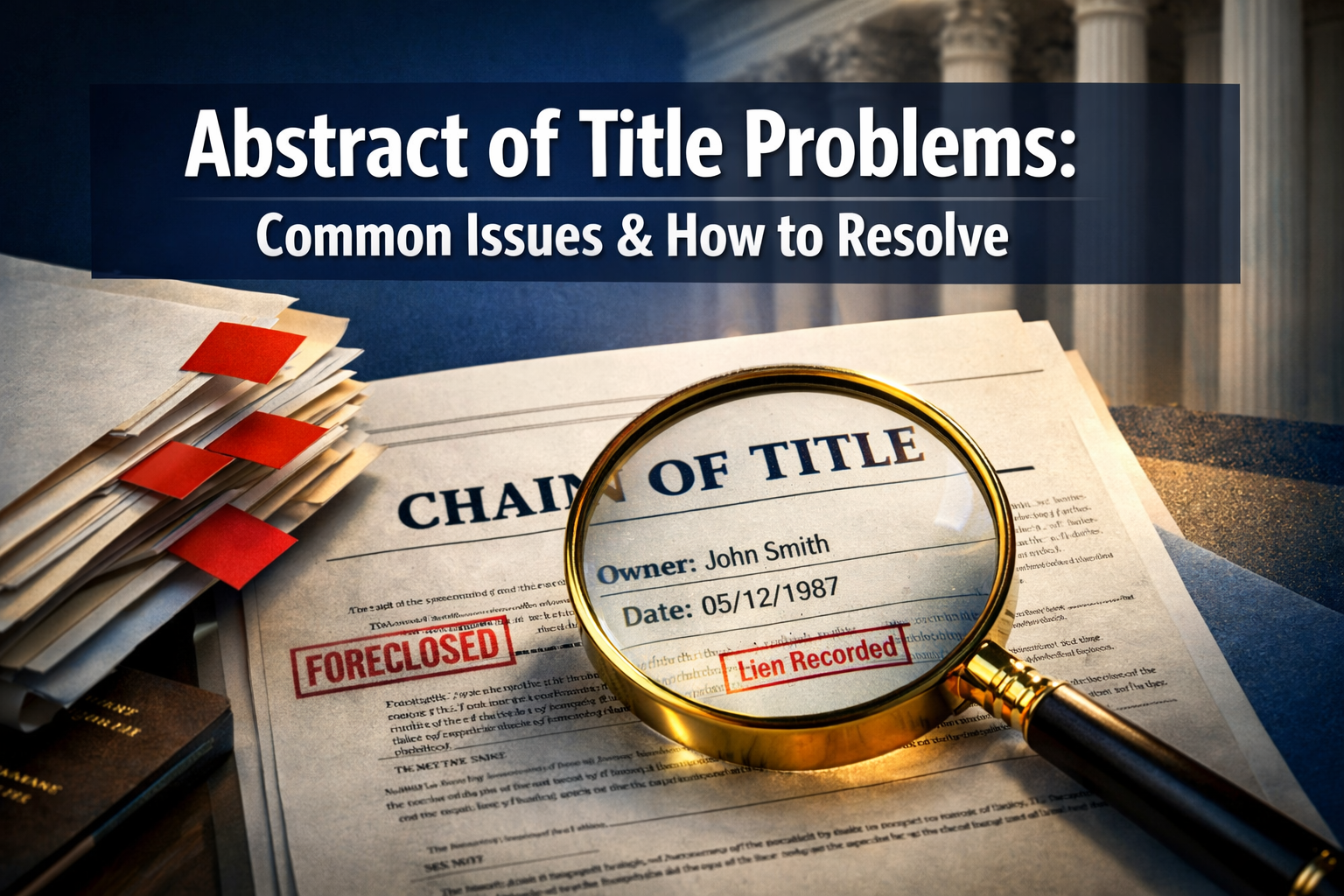 Professional landscape hero image (1536x1024) featuring bold text overlay 'Abstract of Title Problems: Common Issues & How to Resolve' in ex