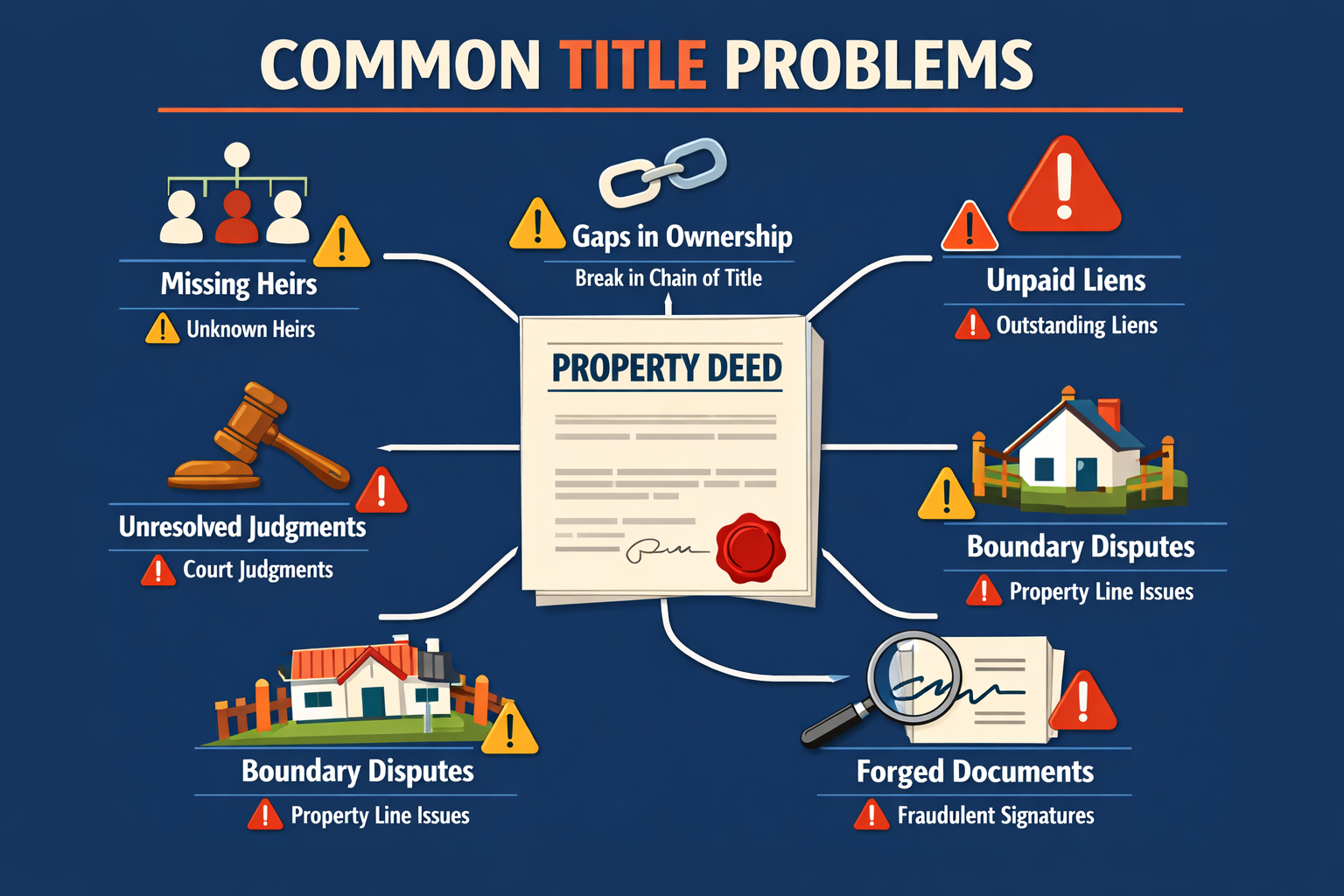 Detailed infographic illustration showing the most common abstract of title problems in a visual flowchart format. Central image of a proper