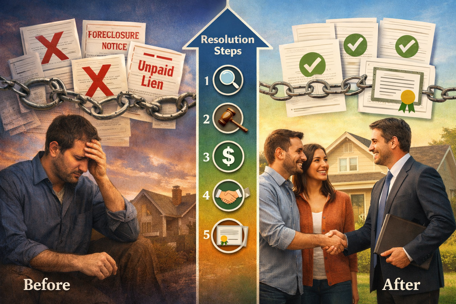 Landscape editorial image (1536x1024) depicting the resolution process for title problems with a before-and-after split composition. Left si