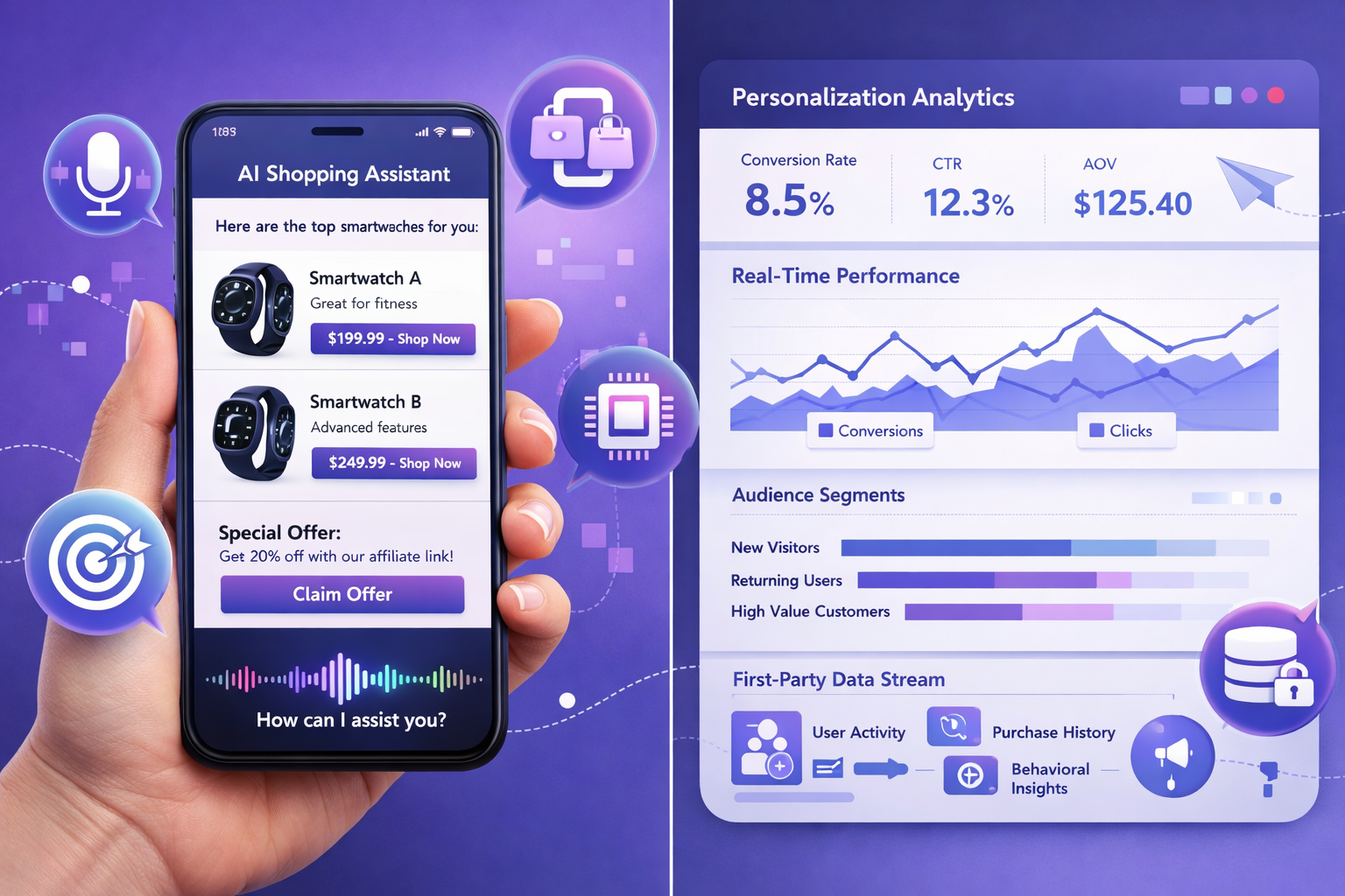 Landscape format (1536x1024) editorial image showing split-screen composition: left side displays smartphone with voice-activated AI shoppin