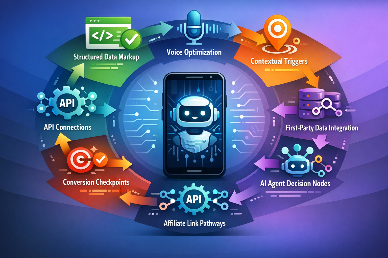 Landscape format (1536x1024) professional infographic showing nine interconnected tactics arranged in circular flow diagram around central s