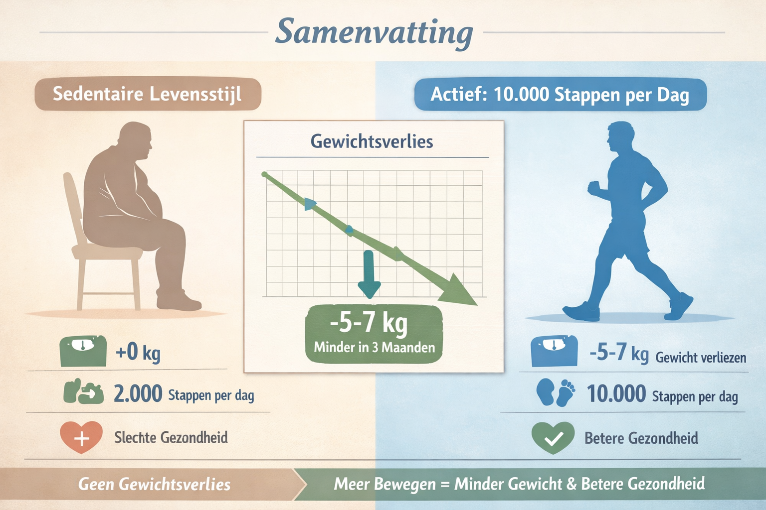 Samenvatting section infographic: Split-screen visual comparing average body silhouettes, left side showing sedentary lifestyle, right side