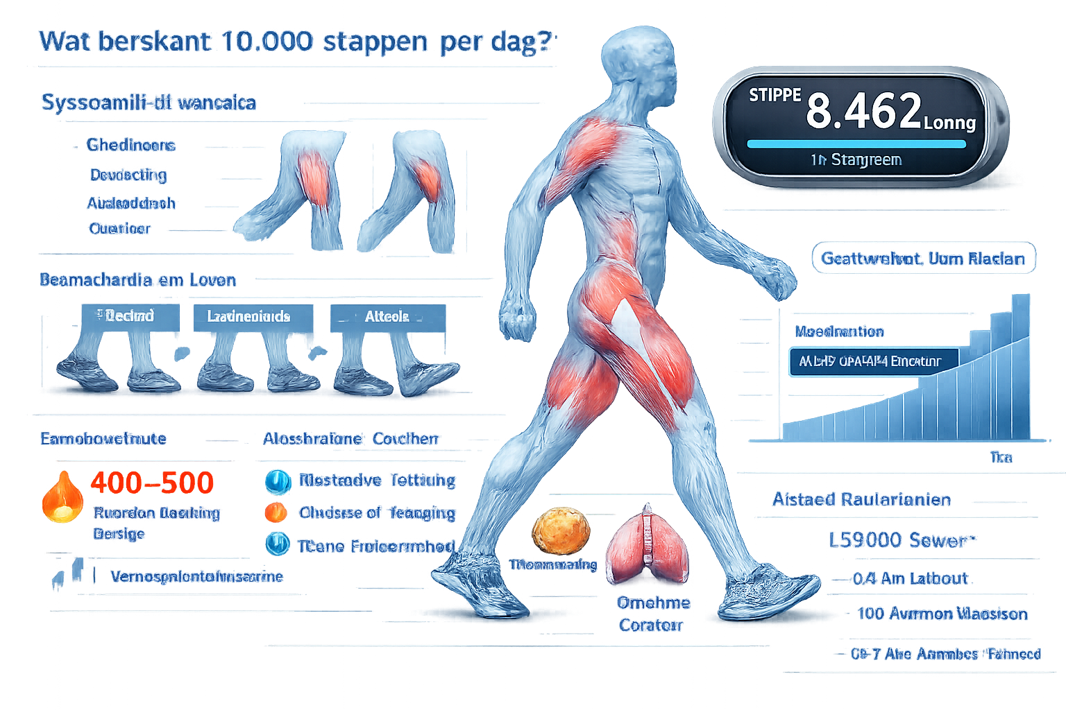 Wat betekent 10.000 stappen per dag section: Detailed anatomical illustration showing human body with step tracking overlay. Transparent hum