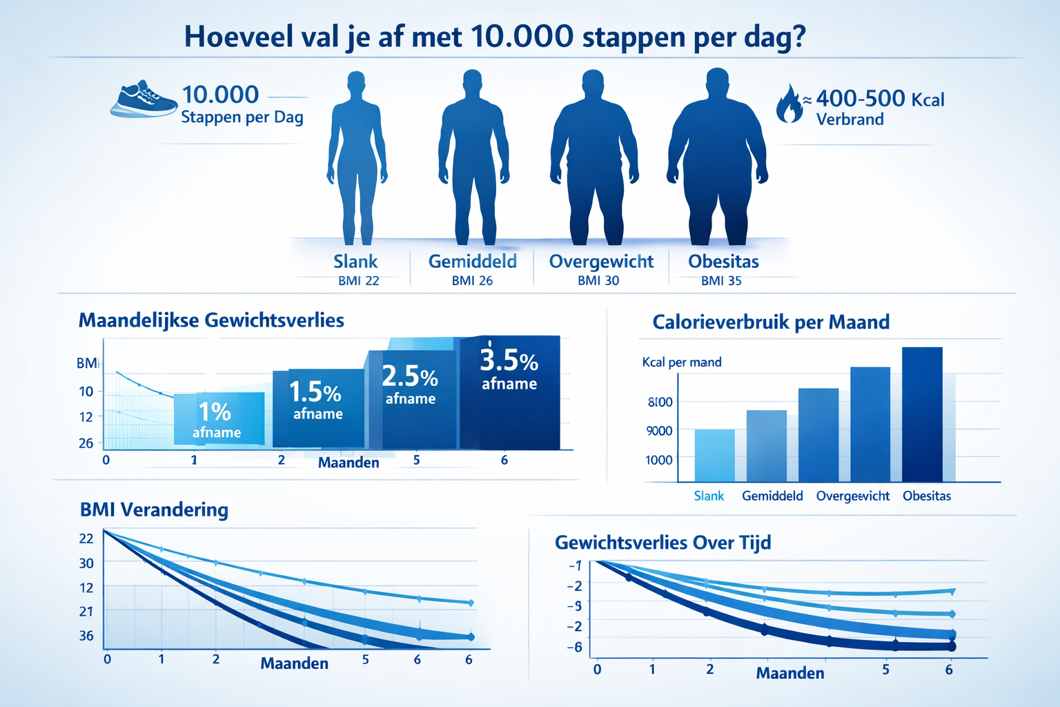 Hoeveel val je af met 10.000 stappen per dag section: Comprehensive data visualization comparing weight loss potential across different body