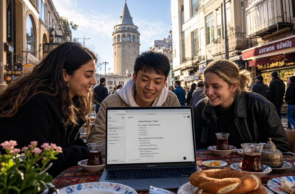 () editorial photograph showing a diverse group of three Gen Z travelers (early 20s) sitting at a colorful outdoor Turkish