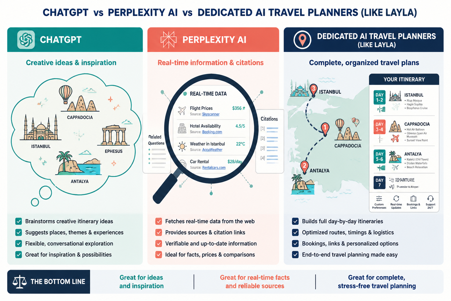 () clean infographic-style comparison illustration showing three columns representing ChatGPT, Perplexity AI, and dedicated
