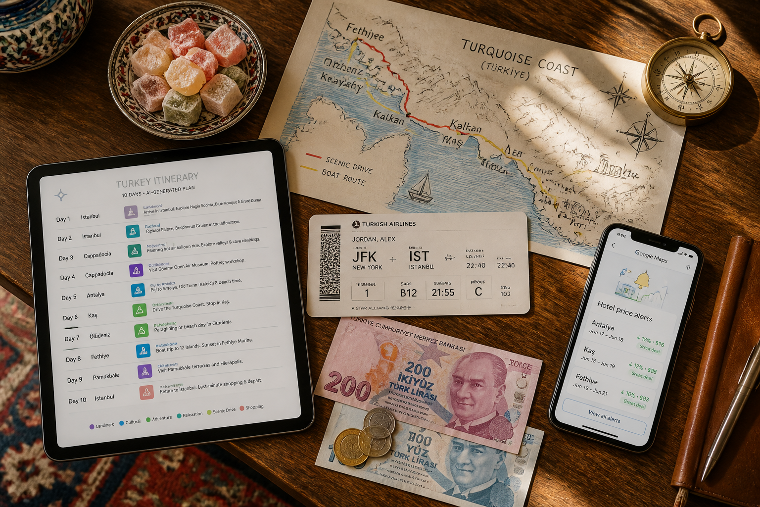 () overhead bird's-eye photograph of a travel planning flat lay on a rustic wooden Turkish table. Items include a tablet