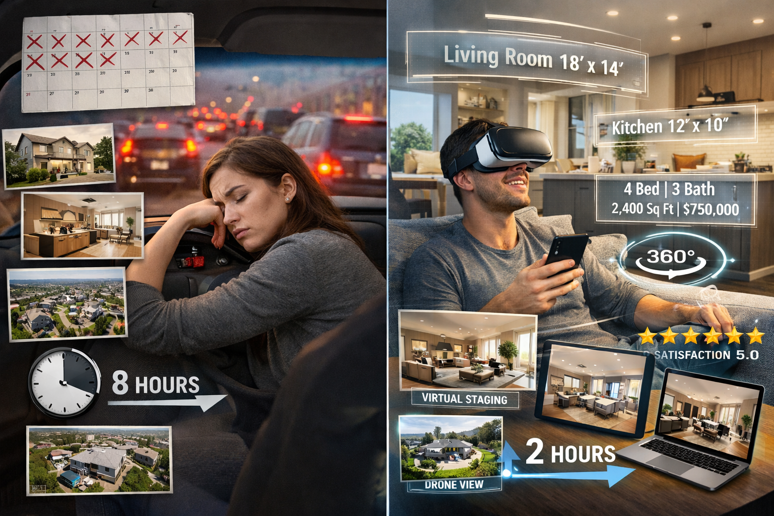 Landscape format (1536x1024) comprehensive visual showing AI virtual tour technology in action. Main focus: split-screen composition with le