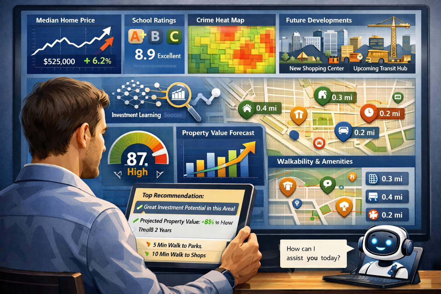 Landscape format (1536x1024) sophisticated illustration depicting AI predictive analytics and market intelligence dashboard. Central focus: 