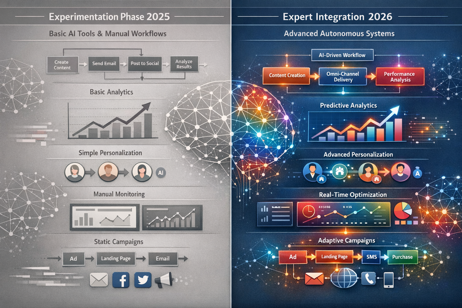 Landscape format (1536x1024) detailed infographic showing the evolution of AI marketing copilot capabilities from 2025 to 2026, split-screen