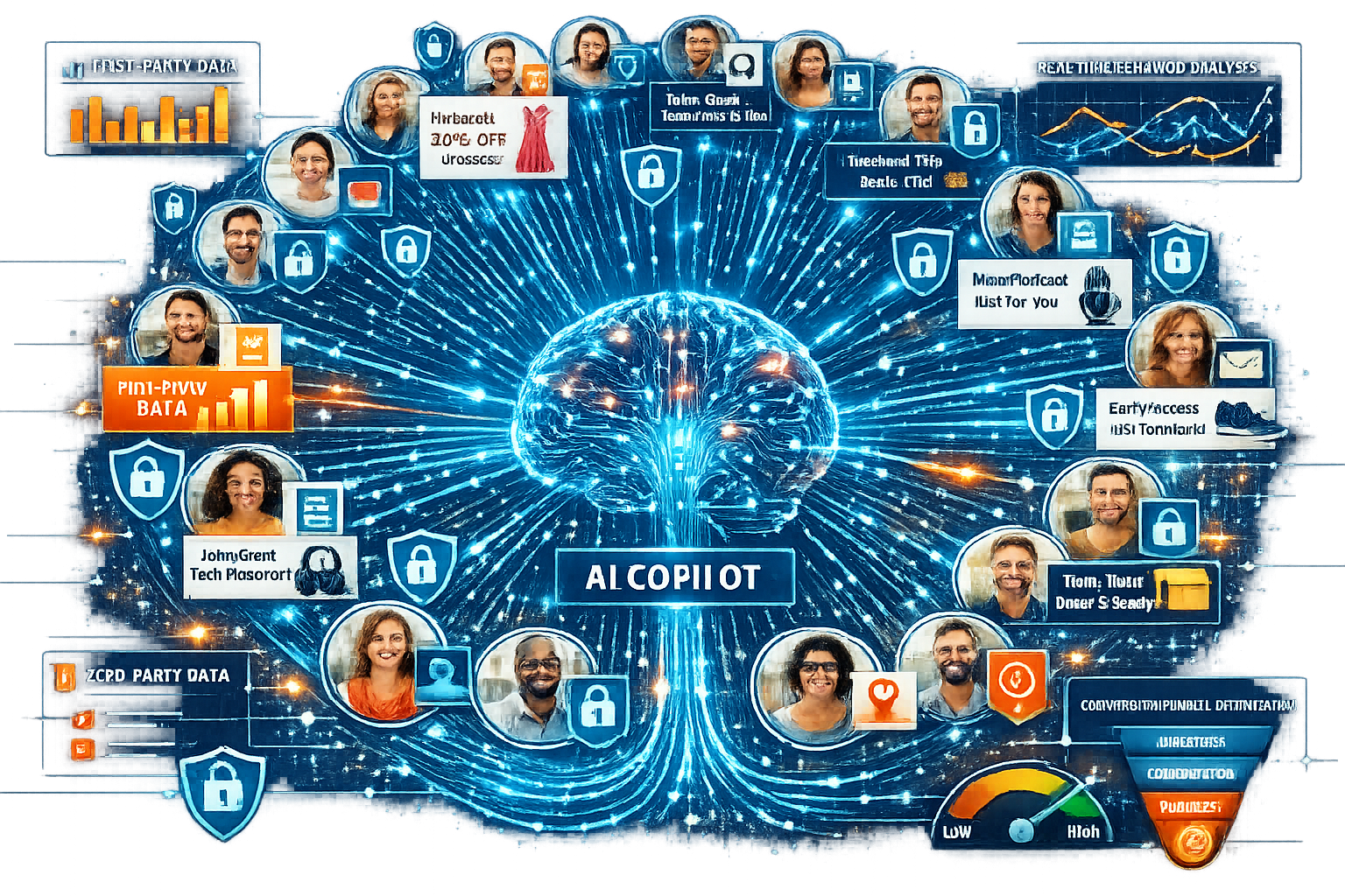 Landscape format (1536x1024) conceptual illustration demonstrating one-to-one personalization at scale through AI copilot technology, featur