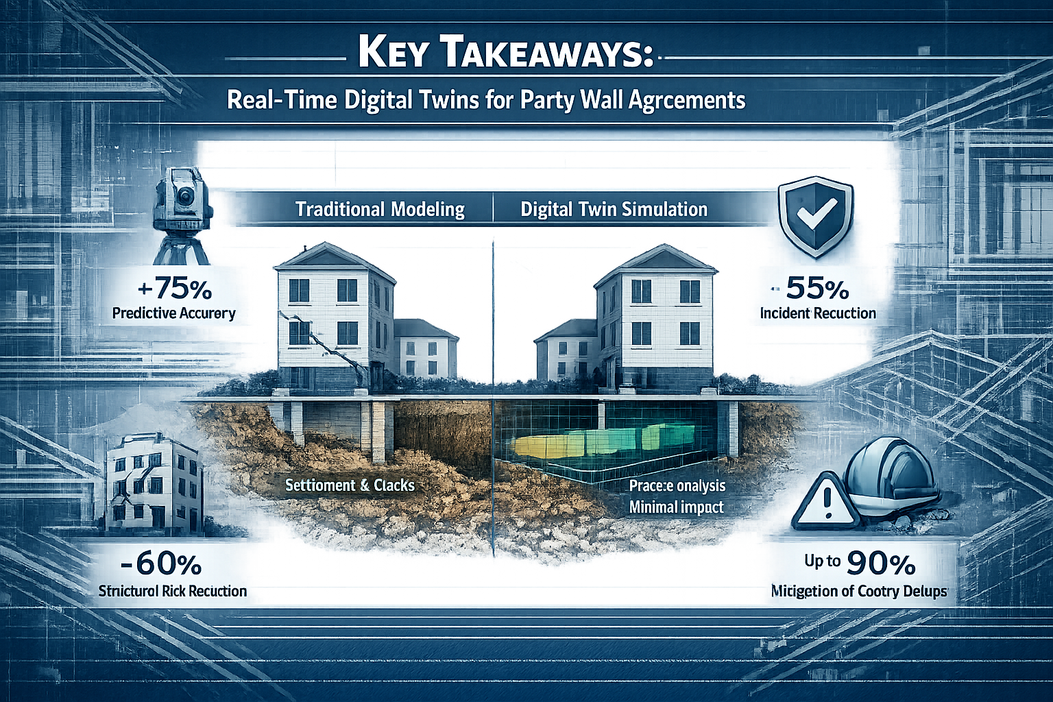 Key Takeaways infographic visualizing Real-Time Digital Twins for Party Wall Agreements, featuring layered architectural
