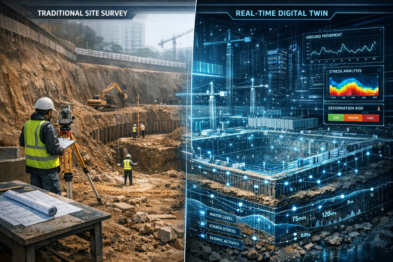 Dynamic visualization demonstrating how Real-Time Digital Twins transform Section 6 excavation planning, featuring