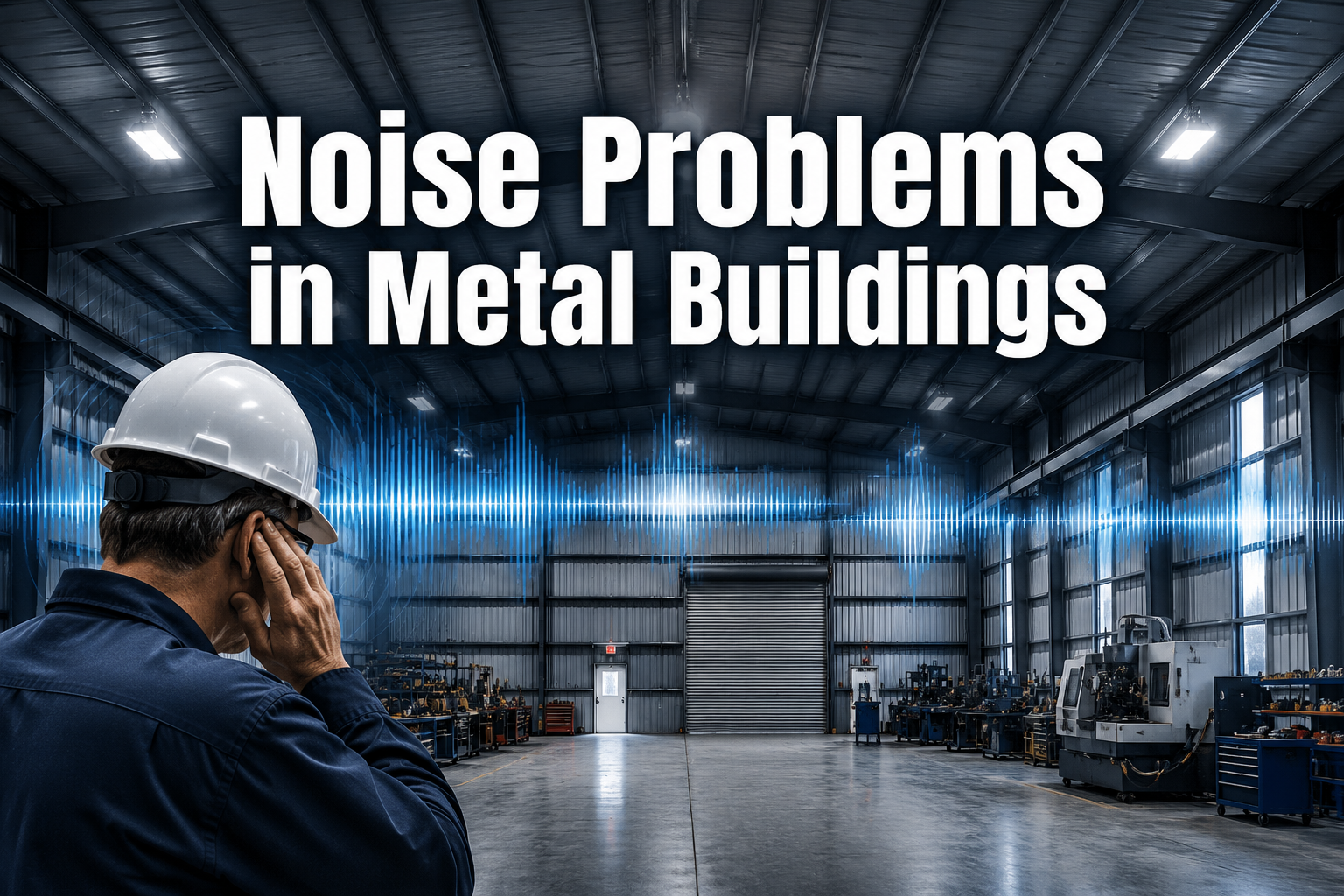Professional () hero image with : 'Noise Problems in Metal Buildings' in extra large white with dark drop , centered in