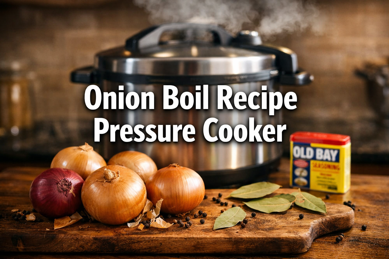 Professional landscape hero image (1536x1024) with bold text overlay 'Onion Boil Recipe Pressure Cooker' in extra large 72pt white sans-seri