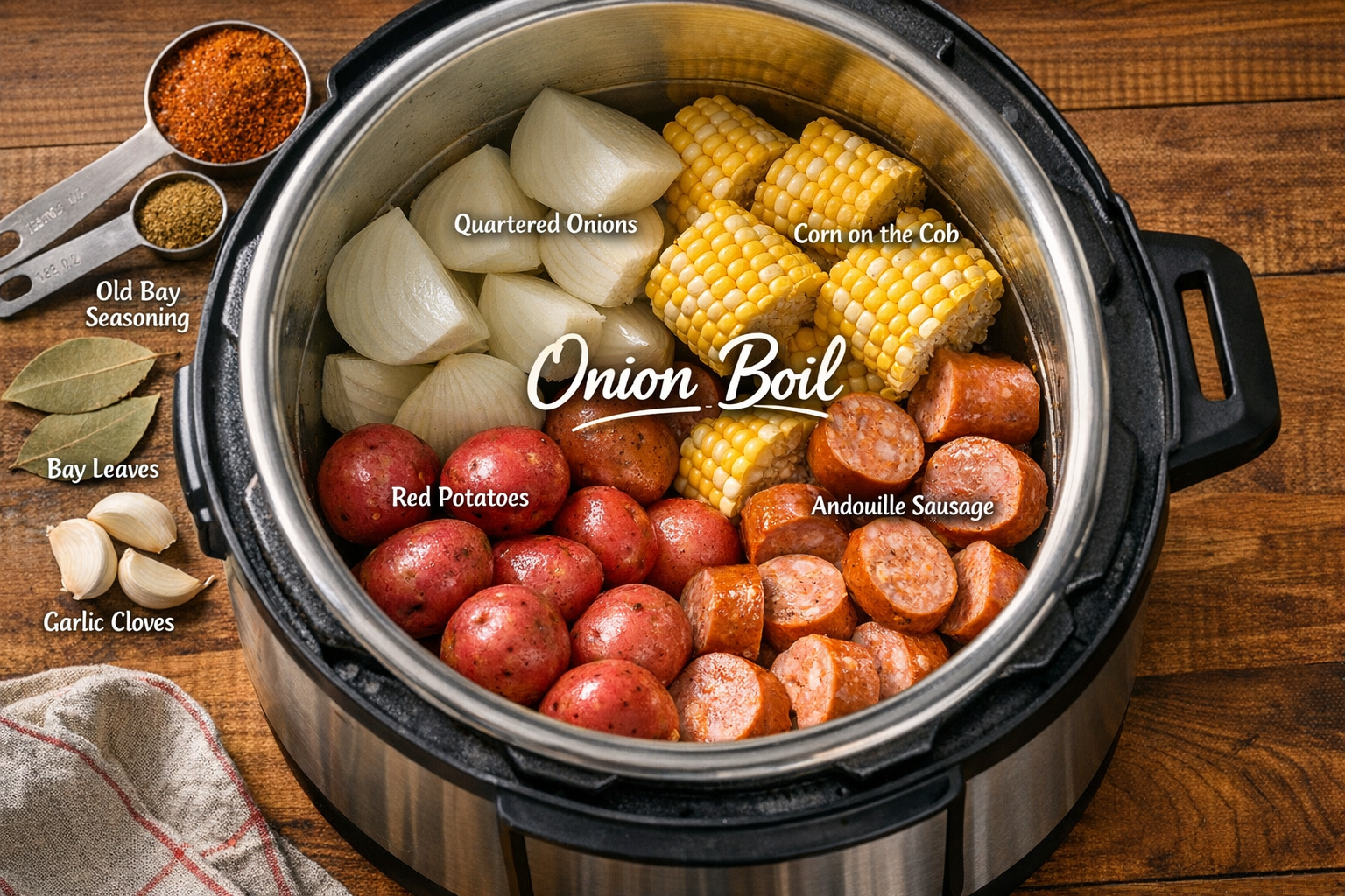 Detailed food photography showing step-by-step onion boil preparation in pressure cooker, featuring quartered onions, corn on the cob, small