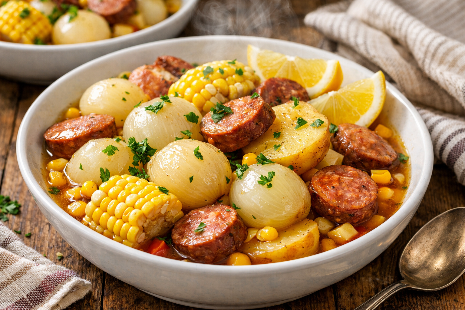 Close-up editorial image of perfectly cooked pressure cooker onion boil served in large white bowls, showing tender onions, corn kernels, sl