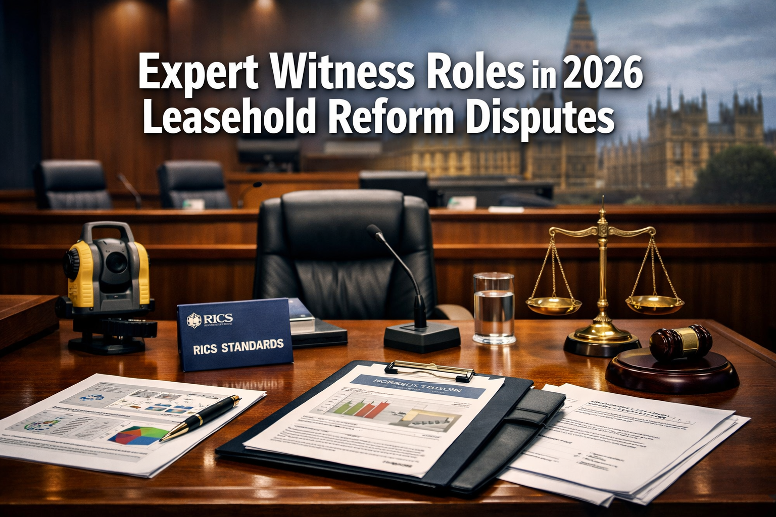 Professional () hero image with 'Expert Witness Roles in 2026 Leasehold Reform Disputes' in extra large white with dark ,