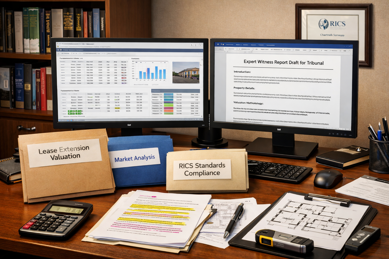 () professional workspace scene showing chartered surveyor preparing expert witness report at modern desk with dual monitors