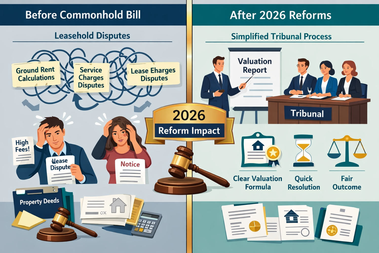 () split-screen comparison visual showing 'Before Commonhold Bill' versus 'After 2026 Reforms' tribunal dispute scenarios.