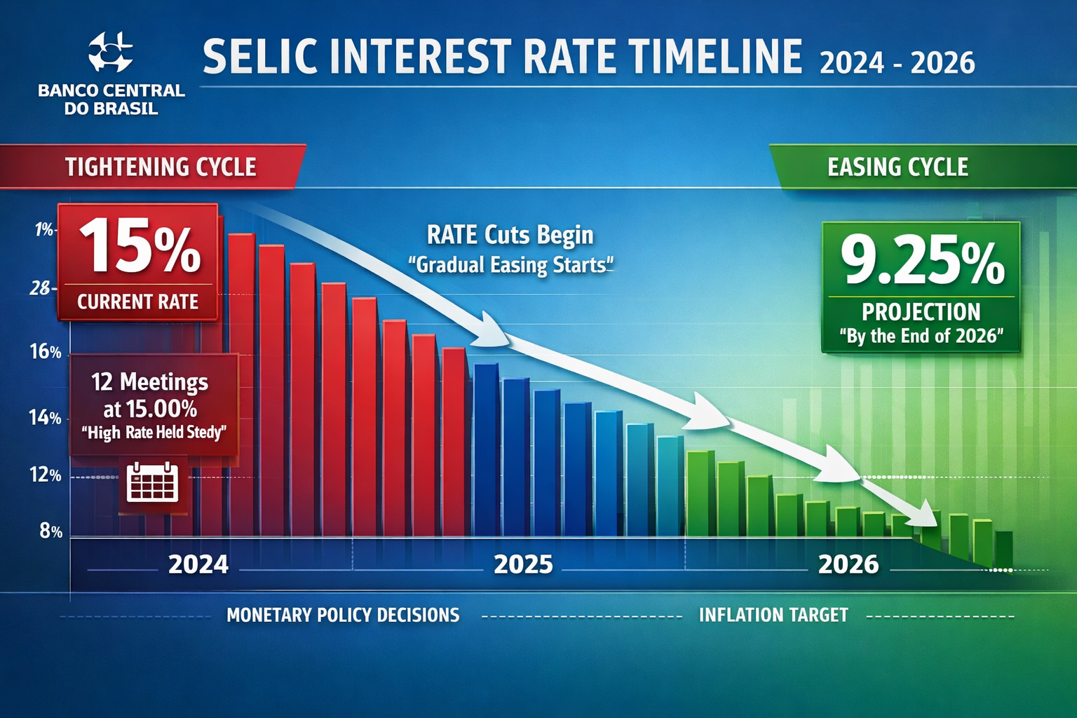 Detailed () infographic showing SELIC interest rate timeline from 2024 to 2026, featuring large numbers '15%' prominently