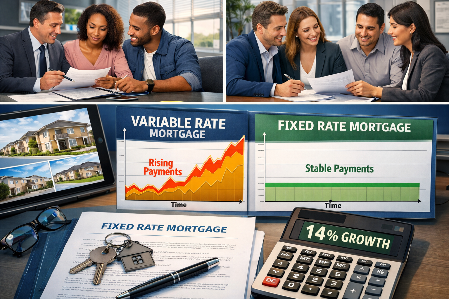 () conceptual illustration showing fixed-rate mortgage documents and keys on modern desk with calculator displaying '14%