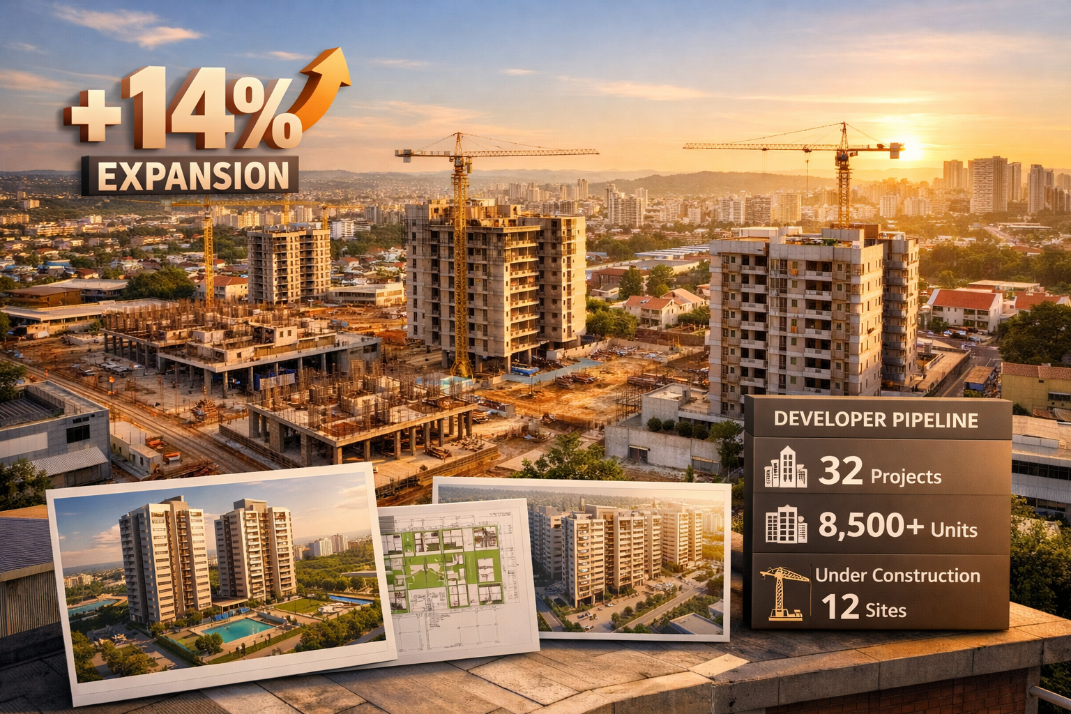 () aerial view of multiple new residential construction projects across Brazilian cityscape, showing various mid-tier