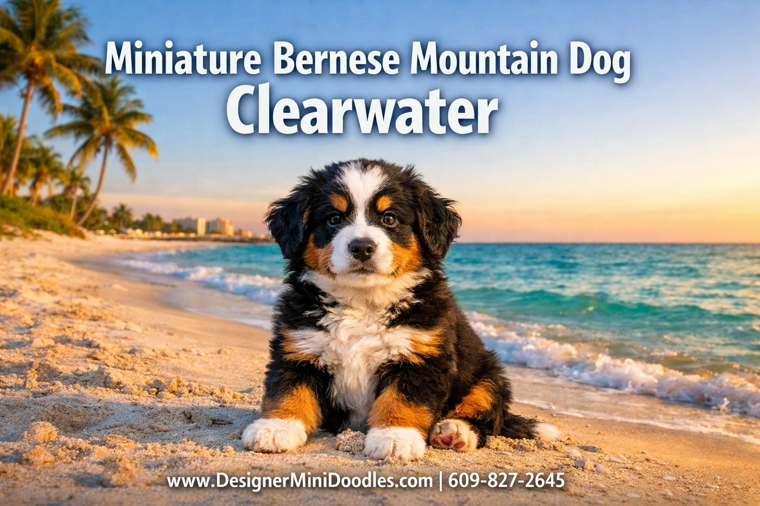 Professional () hero image featuring 'Miniature Bernese Mountain Dog Clearwater' in extra large white with dark effect,