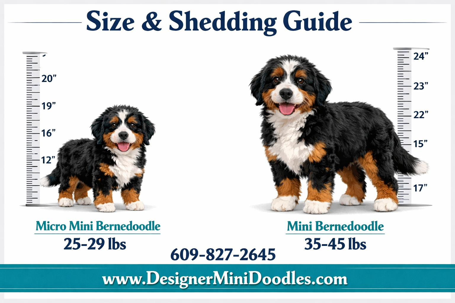 Detailed () image showing a side-by-side size comparison chart of miniature bernese mountain dog puppies. Left side shows a