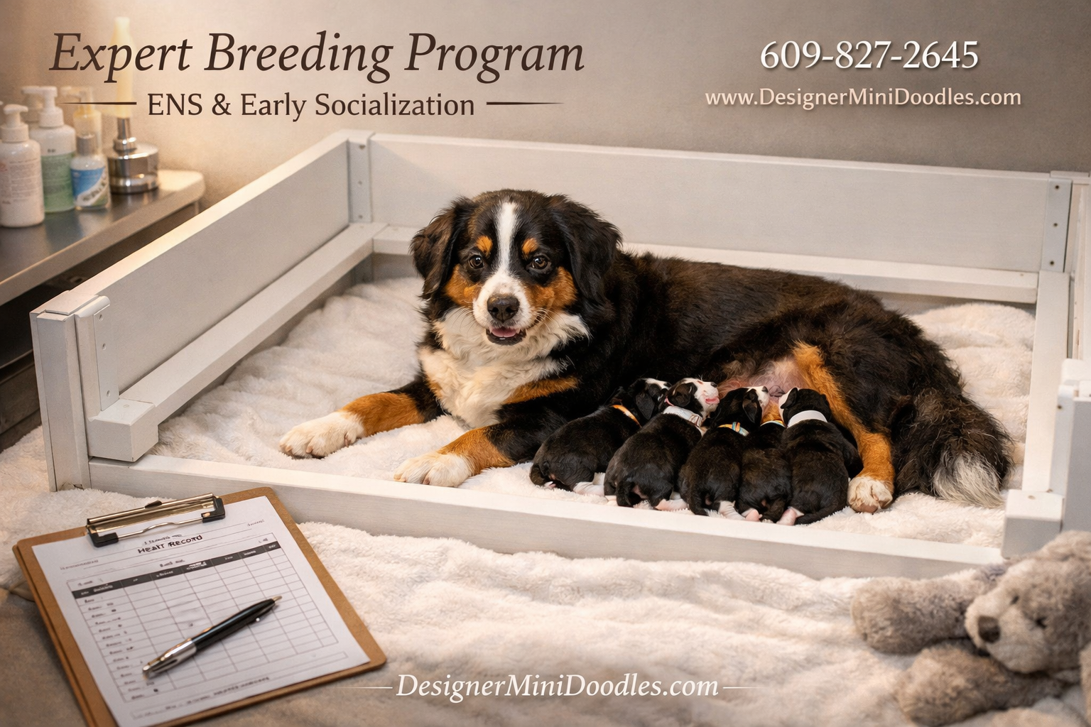 Detailed () image depicting a professional whelping room scene with a female miniature bernese mountain dog nursing a litter
