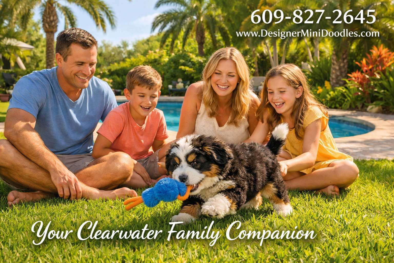 Detailed () image of a happy family playing with a fluffy tri-color miniature bernedoodle puppy in a sunny Florida backyard