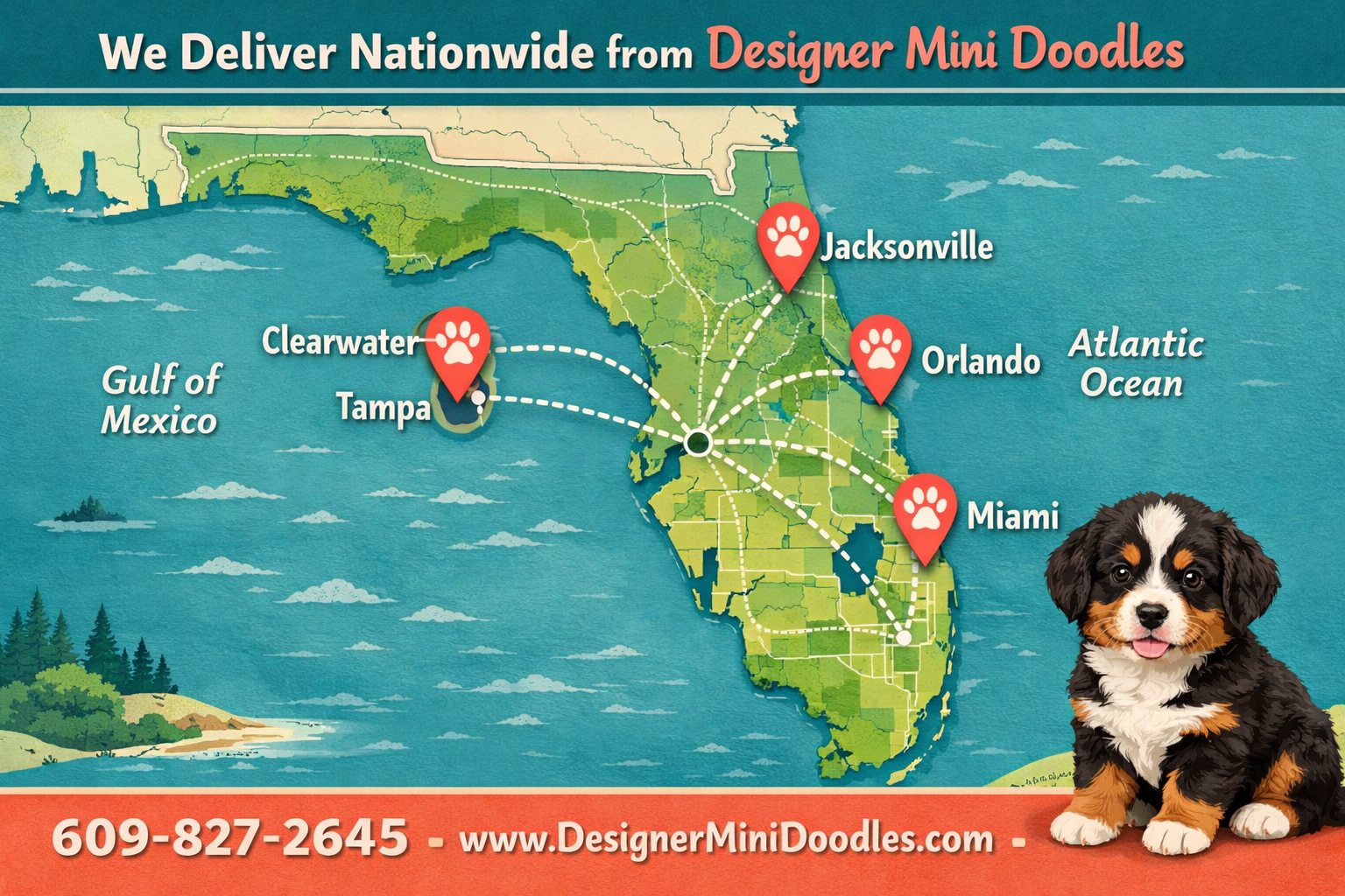 Detailed () image showing a detailed map of Florida with Clearwater, Tampa, Orlando, Jacksonville, and Miami marked with paw