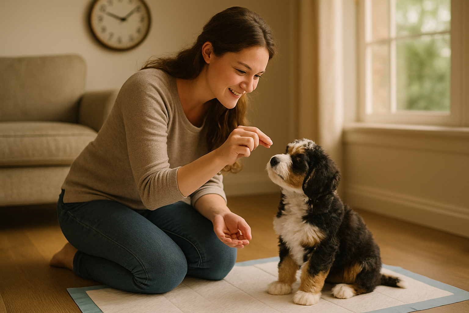 Detailed training scene showing miniature bernedoodle puppy learning potty training basics in cozy home setting, owner kneeling beside puppy