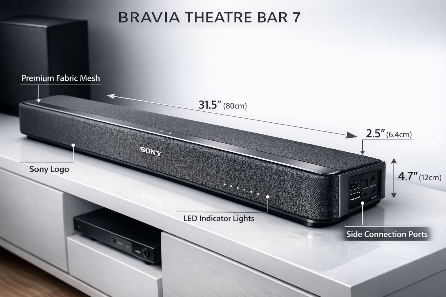Detailed landscape format (1536x1024) image showing close-up product photography of Sony Bravia Theatre Bar 8 soundbar from front three-quarter angle, highlighting premium fabric grille texture, Sony logo placement, sleek low-profile design with dimensional measurements overlay, LED indicator lights visible, positioned on modern TV console with wireless subwoofer partially visible in background, professional studio lighting emphasizing build quality, metallic finish details, connection ports visible on side, clean white background transitioning to subtle gradient, technical specification callouts with arrows pointing to key features, editorial product review aesthetic.