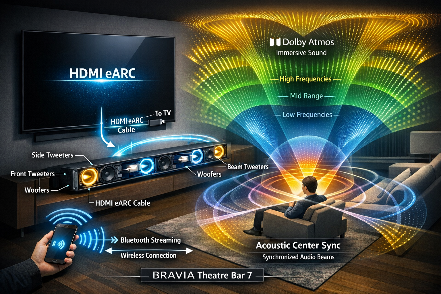 Detailed landscape format (1536x1024) technical diagram illustration showing Sony Bravia Theatre Bar 8 connectivity setup in modern home theater environment, cutaway view displaying internal speaker configuration with labeled driver positions, HDMI eARC cable connection path from soundbar to TV with glowing data flow visualization, wireless Bluetooth signal waves illustrated between smartphone and soundbar, Dolby Atmos sound wave patterns radiating upward and outward in 3D space with color-coded frequency zones, acoustic center sync technology visualization with synchronized audio beams, clean infographic style with professional icons, labels, and directional arrows, dark background with bright accent colors highlighting technology features.