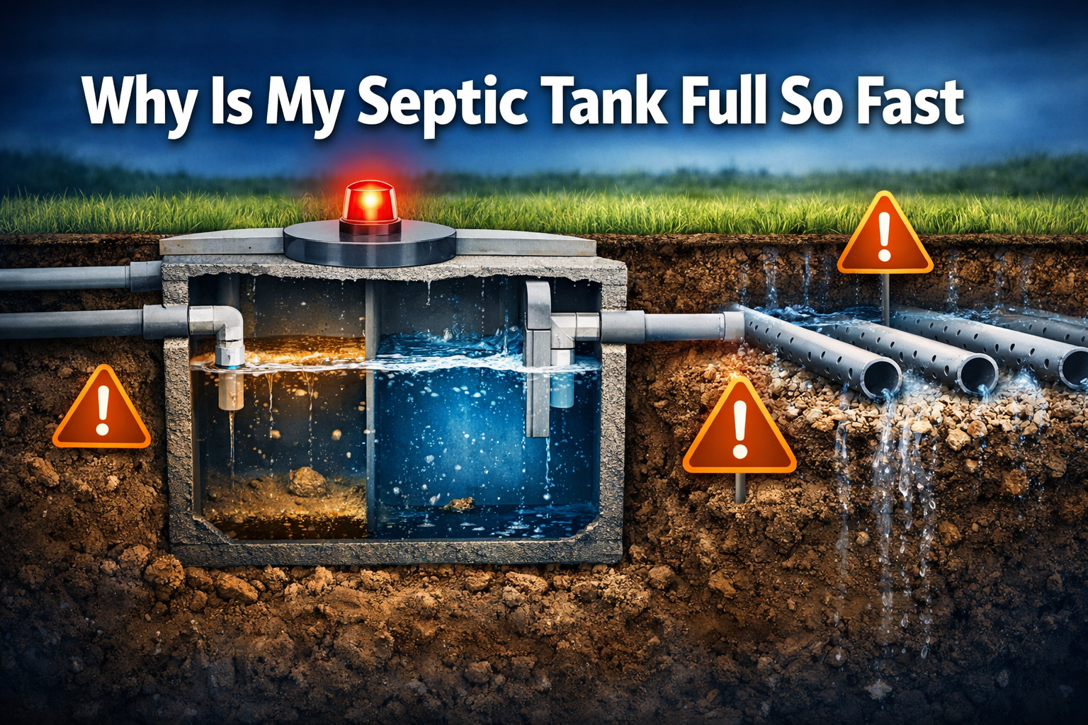 Professional landscape format (1536x1024) hero image with bold text overlay 'Why Is My Septic Tank Full So Fast' in extra large 72pt white s
