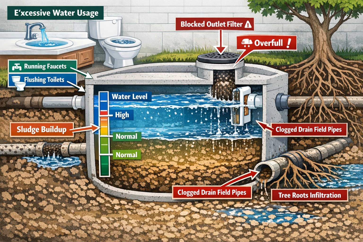 Detailed landscape format (1536x1024) image showing cutaway view of septic tank with multiple causes of rapid filling - excessive water usag