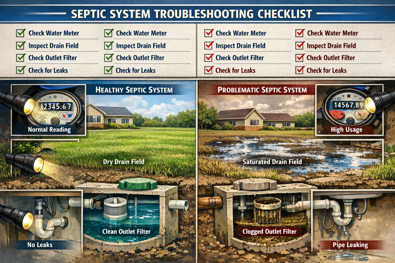 Professional landscape format (1536x1024) diagnostic illustration featuring septic system troubleshooting checklist with visual inspection p