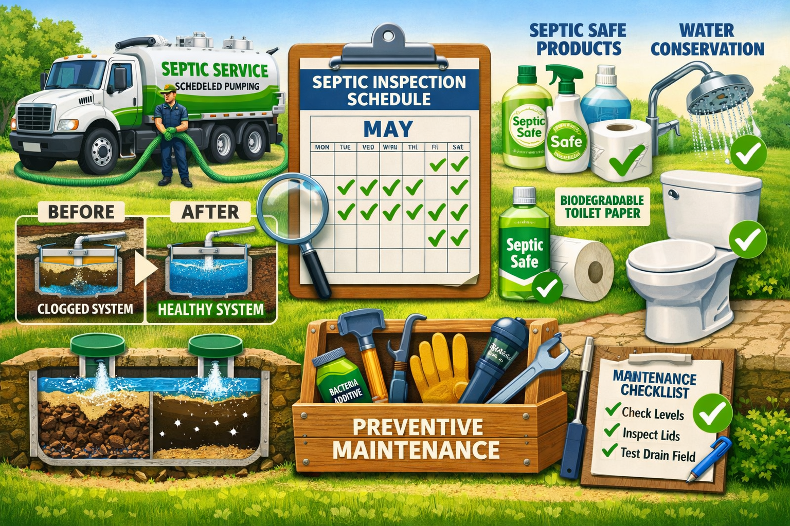 Clean landscape format (1536x1024) maintenance and solution-focused image showing proper septic care practices - scheduled pumping truck, se