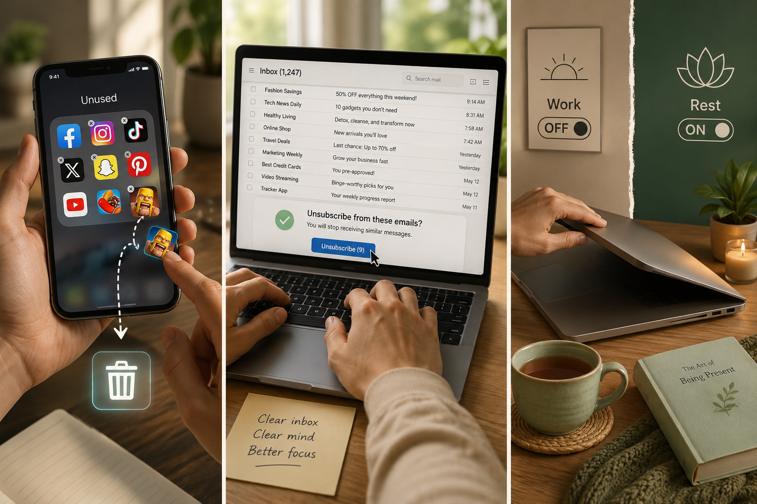Conceptual illustration in a clean, , (). The image shows a person's hands performing three distinct actions that represent