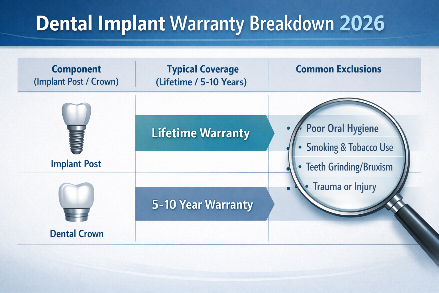 Landscape format (1536x1024) image illustrating a comparison table or infographic titled 'Dental Implant Warranty Breakdown 2026' with colum