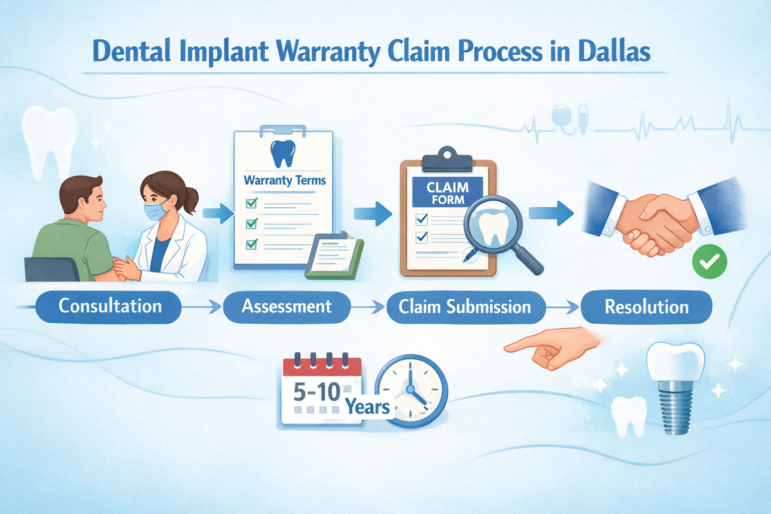 Landscape format (1536x1024) image showing a stylized flowchart or timeline illustrating the dental implant warranty claim process in Dallas