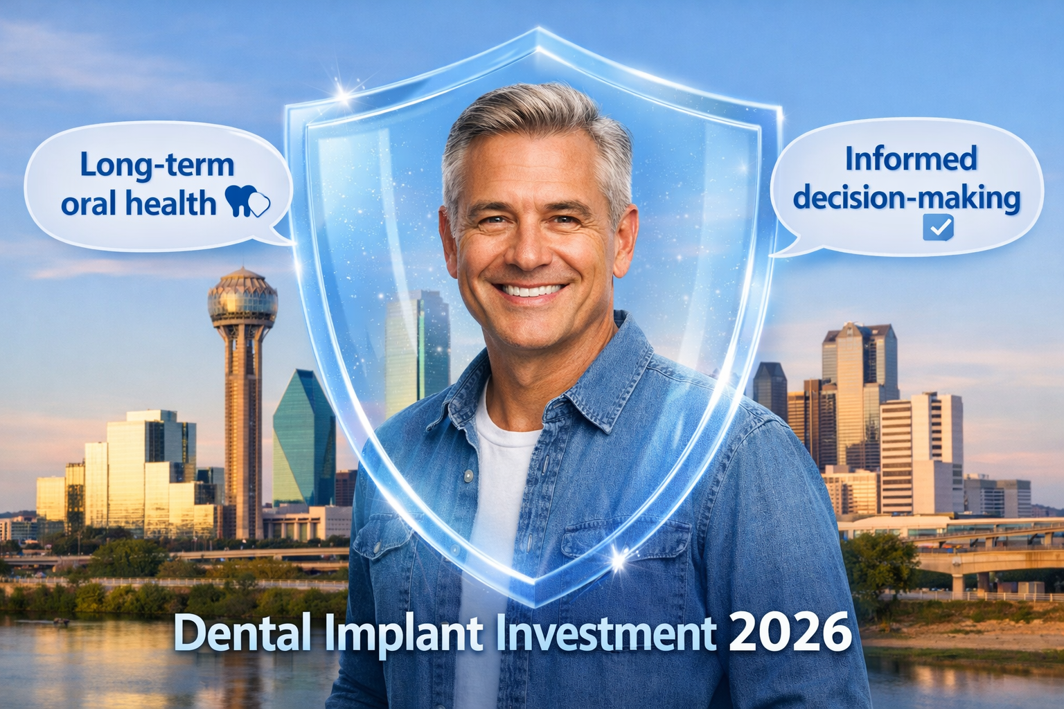 Landscape format (1536x1024) image depicting a patient smiling confidently, with a subtle overlay of a shield or protective barrier, symboli