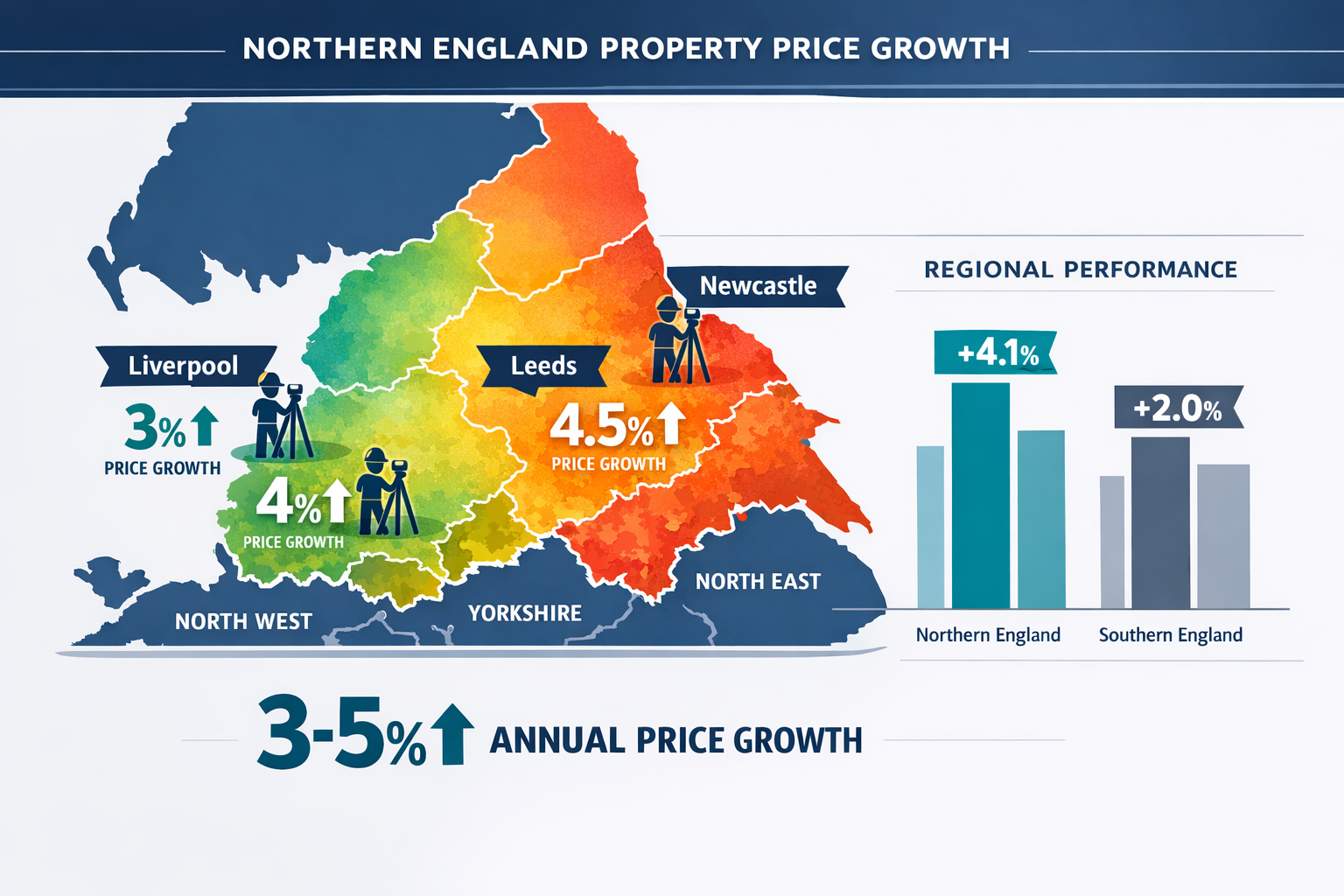 () detailed infographic showing Northern England regional map with color-coded heat zones indicating price growth