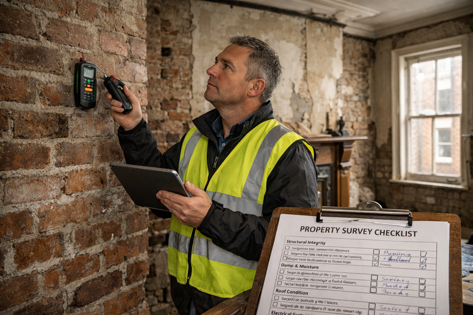() professional scene showing building surveyor conducting detailed property inspection inside Victorian terraced house in